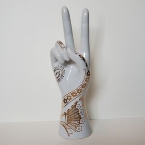 Vintage Gold Decorated Glazed Porcelain Hand Ring Holder Peace Sign ✌️ Victory